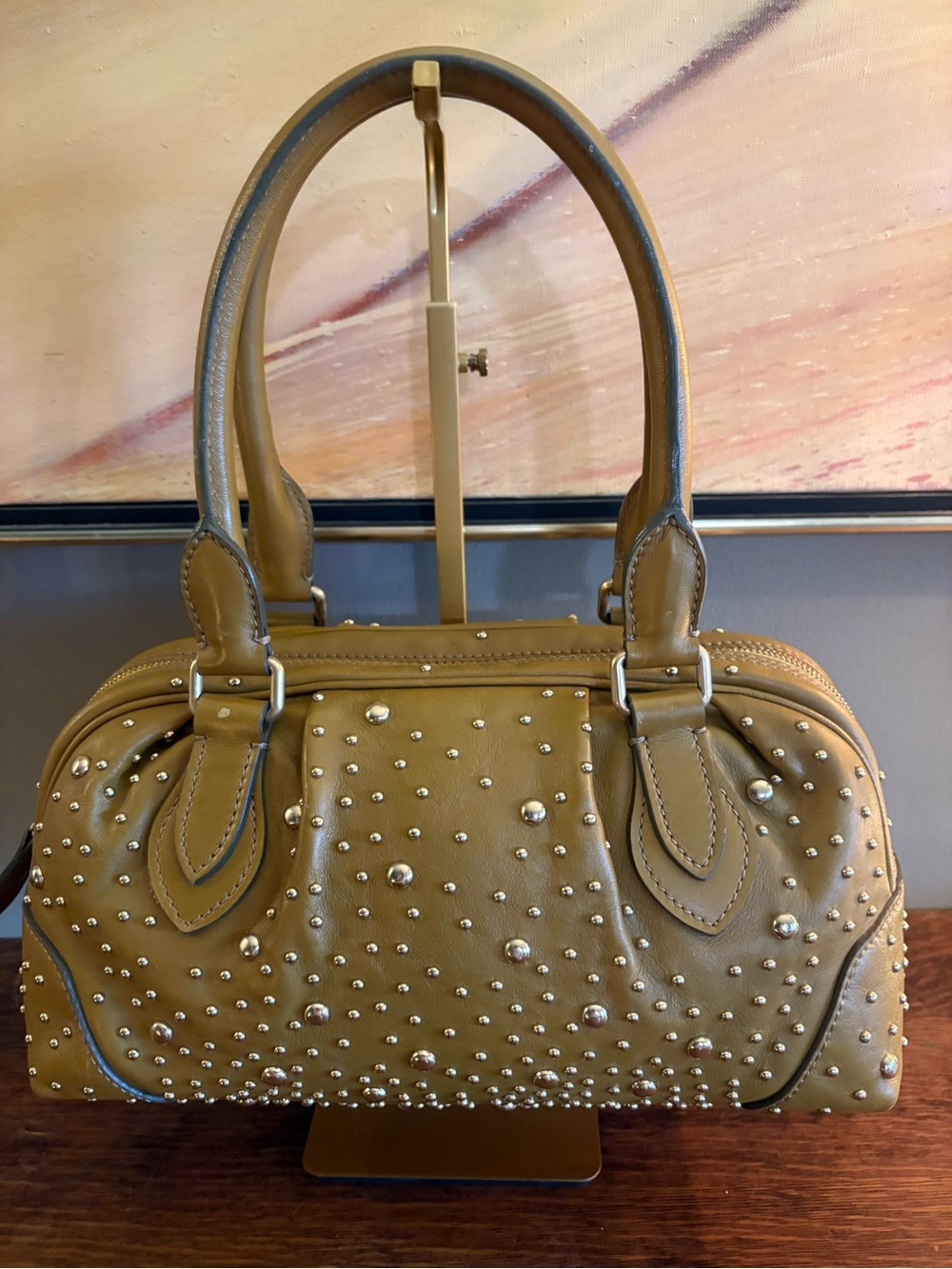 Burberry Orchard Studded Olive Leather Bowling Satchel Bag - Picture 3 of 17